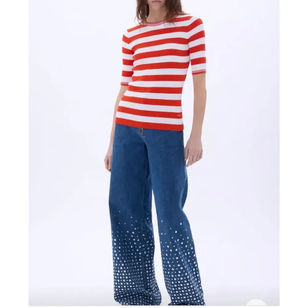 Sonia Rykiel Short Sleeve Stripe Sweater in Tangerine and White Stripe S - Picture 5 of 6
